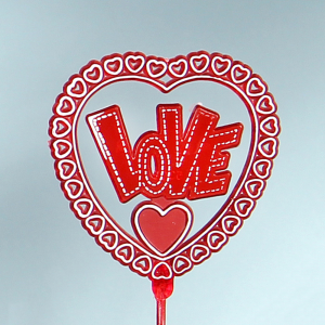 "Love" Valentine's Day Pick, Sign, Decoration, Cake Topper. White On Clear Red Heart. (Lot of 1 Bag - 12 Picks Per Bag) SALE ITEM 